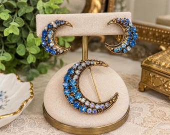 Vintage Blue Rhinestone Crescent Moon Brooch & Clip Earrings Set