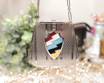 Art Deco Dance Compact Shield Enamel Wrist Chain 1920s