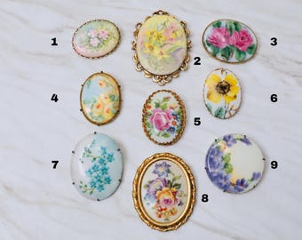 Vintage Porcelain Floral Brooches Hand Painted – Choose One