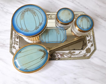 Vintage 1930s Art Deco Blue Celluloid Vanity Dresser Set Powder Jars Mirror Brush