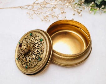 Vintage Jeweled Vanity Box Gold Filigree Hollywood Regency Trinket Box