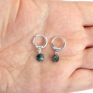 Small Faceted Moss Agate Sterling Silver Huggie Hoop Earrings, Huggies with Charms, Stackable Hoop