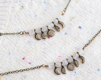 Rainbow Moonstone Antique Brass Moon Phases Necklace, Minimalist Necklace
