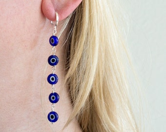 Sterling Silver Blue Evil Eye Huggie Hoop Long Dangle Earrings, 3 inch Statement earrings