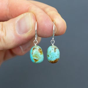 Kingman Turquoise Sterling Silver Huggie Hoop Earrings, Huggies with Charms, Stackable Hoop