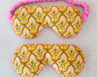Yellow and Pink Woodblock Floral Print Weighted Flax Seed Eye Mask or Eye Pillow with Lavender Essential Oil