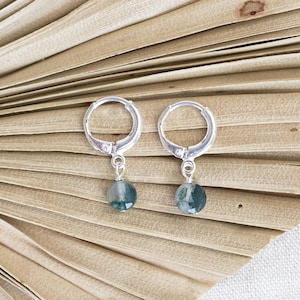 Small Faceted Moss Agate Sterling Silver Huggie Hoop Earrings, Huggies with Charms, Stackable Hoop