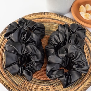 Large Black Vegan Leather Scrunchie Hair Tie