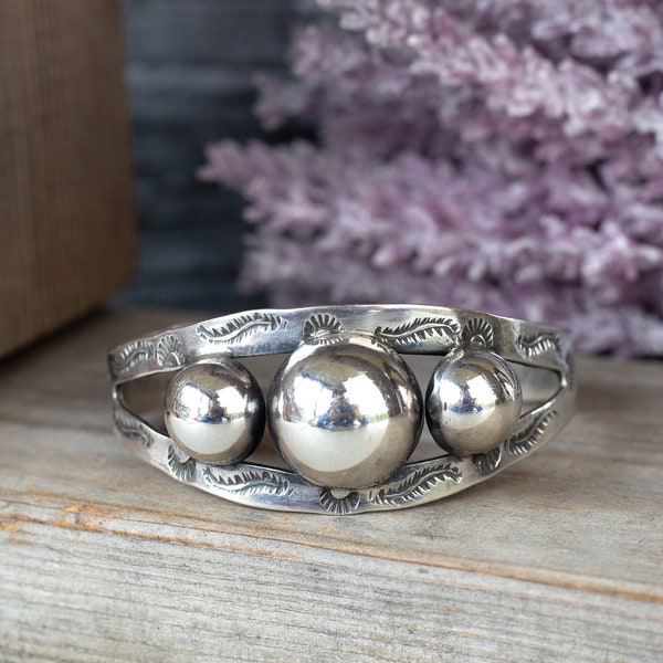 Sterling Silver Domed Ball Cuff Bracelet, Vintage Native American Fred Harvey Era