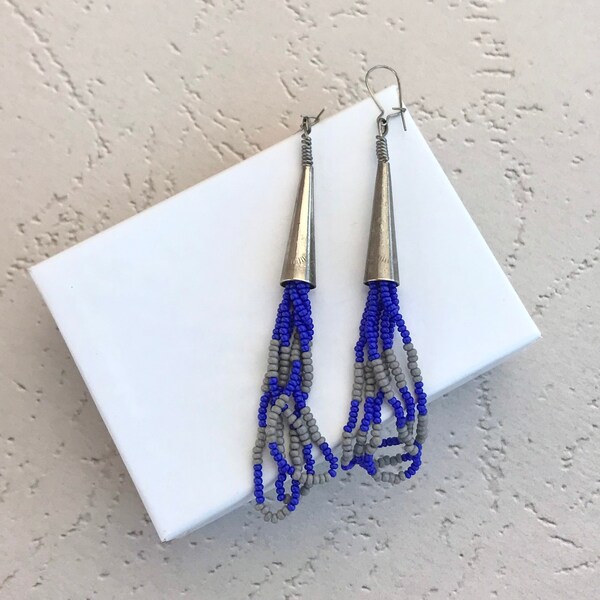 Vintage Native American made Jacla Blue and Gray Seed Bead Dangle Earrings, 3 inch