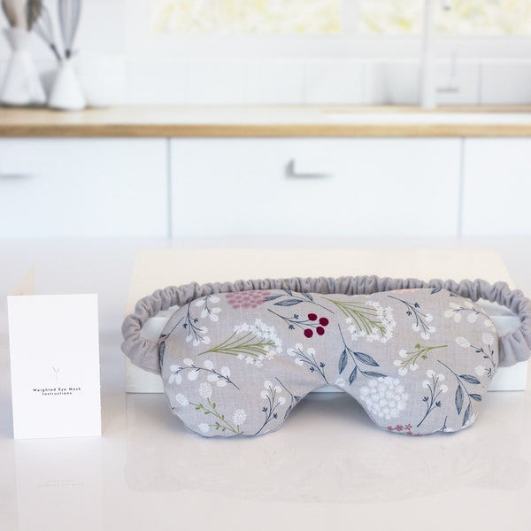 Weighted Flax Seed Eye Mask or Eye Pillow with Lavender Essential Oil, Gray Floral Print