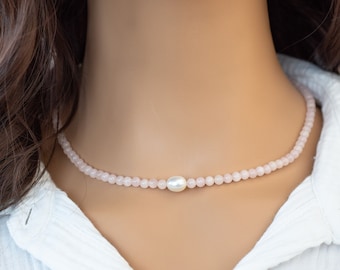Beaded Rose Quartz Single Pearl Sterling Silver Necklace