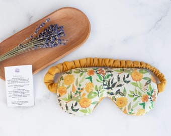 Mustard Yellow Watercolor Floral Print Weighted Flax Seed Eye Mask or Eye Pillow with Lavender Essential Oil