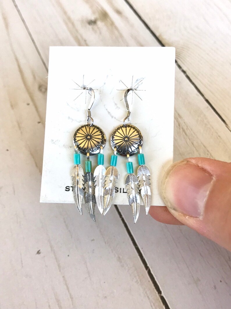 Native American sterling silver Concho Disc Turquoise bead Triple Feather Dangle Earrings Southwestern Vintage
