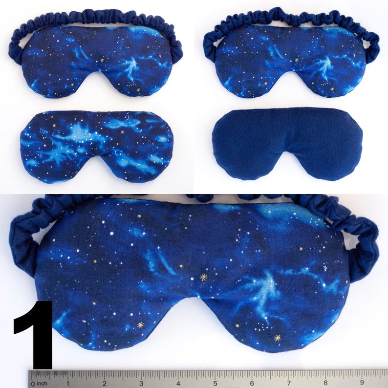 May include: A blue sleep mask with a galaxy print and gold stars. The mask has an elastic band for a comfortable fit. The mask is shown in three different positions.