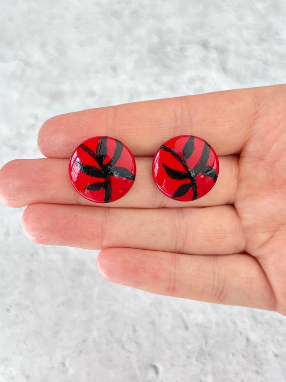 1980's Vintage Red Hand Painted Metal Button Earr… - image 2