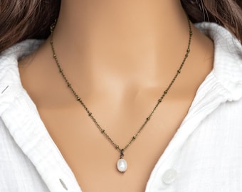 Antiqued Bronze Freshwater Pearl Charm Necklace, Layering Necklace, Minimalist Jewelry