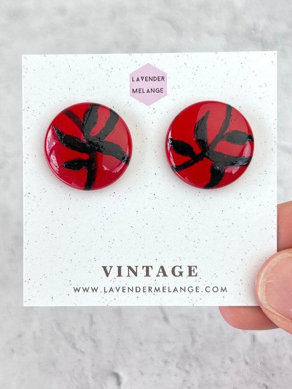 1980's Vintage Red Hand Painted Metal Button Earr… - image 7