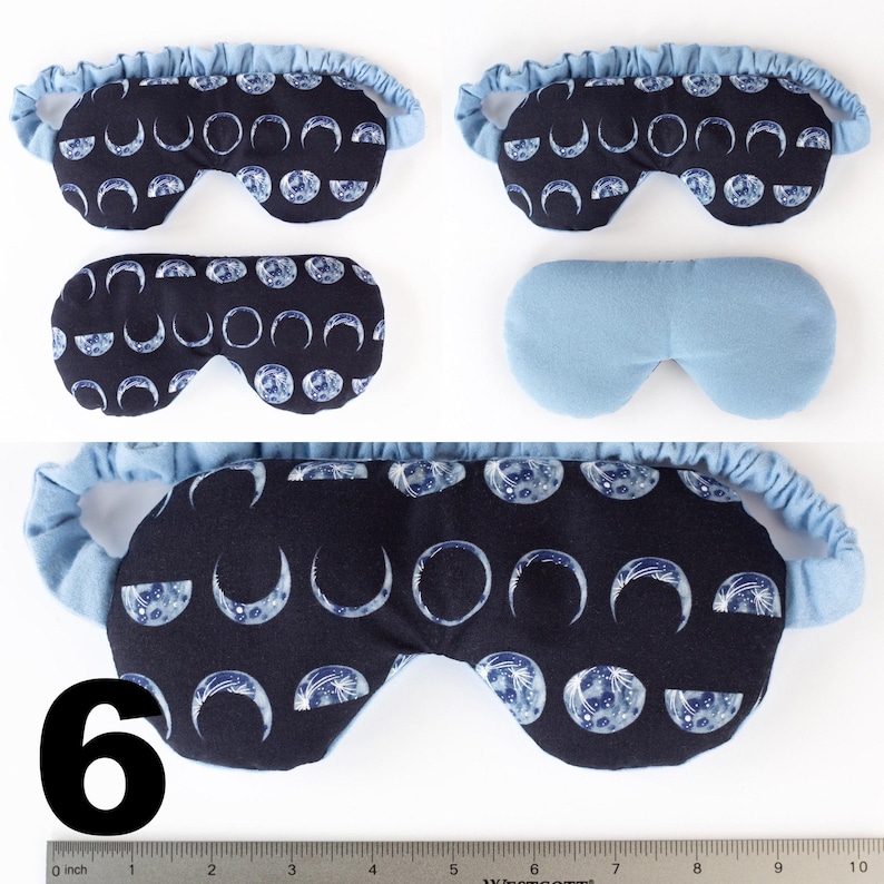 May include: A blue sleep mask with a crescent moon pattern on a black background. The mask is shown in three different positions. The number 6 is visible in the bottom left corner of the image.