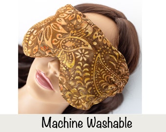 Masque pour les yeux ou coussin pour les yeux en batik brun aux graines de lin avec housse lavable en machine, huile essentielle de lavande