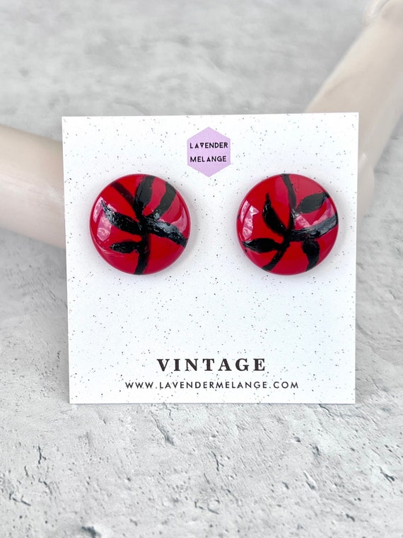1980's Vintage Red Hand Painted Metal Button Earr… - image 6