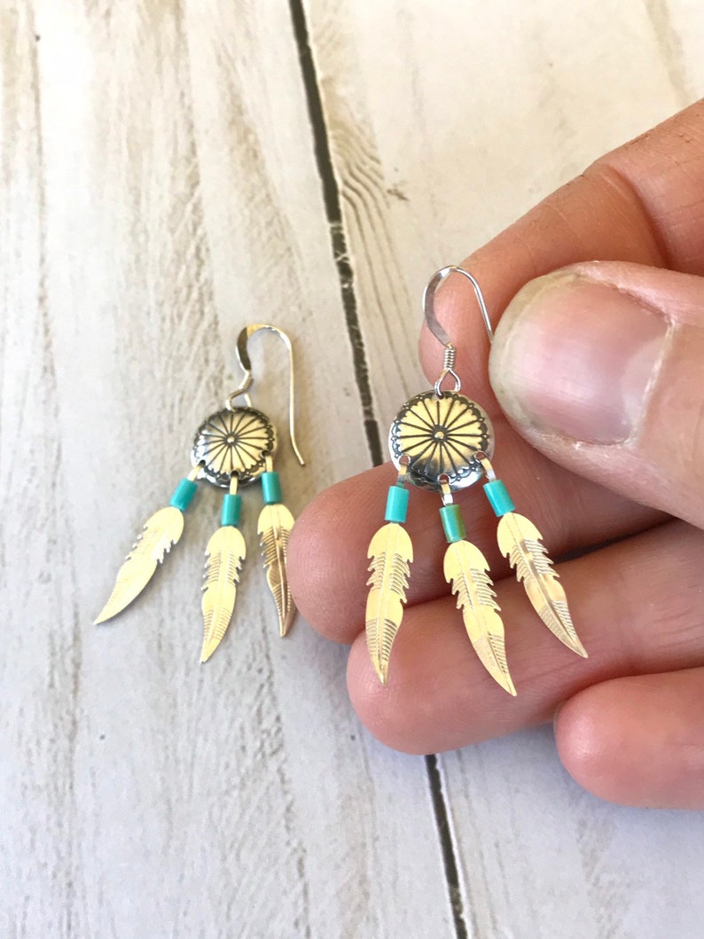 Native American sterling silver Concho Disc Turquoise bead Triple Feather Dangle Earrings Southwestern Vintage