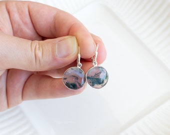 Moss Agate Sterling Silver Round Circle Drop Lever Earrings