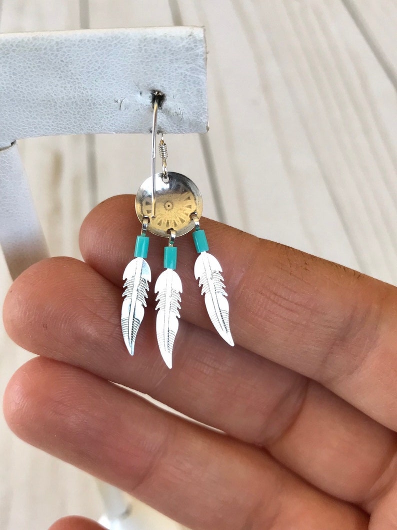 Native American sterling silver Concho Disc Turquoise bead Triple Feather Dangle Earrings Southwestern Vintage