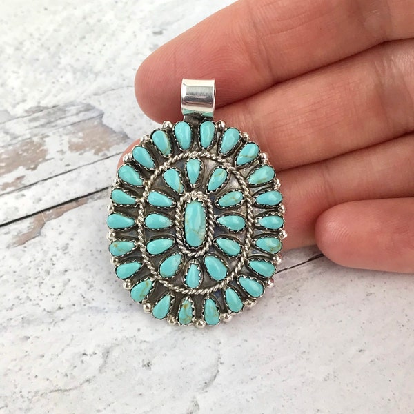 Zuni Native American sterling silver Block Turquoise Cluster Pendant ONLY, SIGNED, Vintage Southwestern
