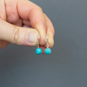 Kingman Blue Turquoise Sterling Silver Huggie Hoop Earrings, Huggies with Charms, Stackable Hoop