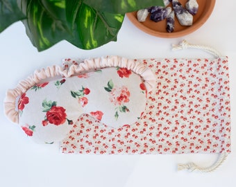 Rose Floral Weighted Flax Seed Eye Mask or Eye Pillow and Drawstring Storage Bag 2 Piece Gift Set