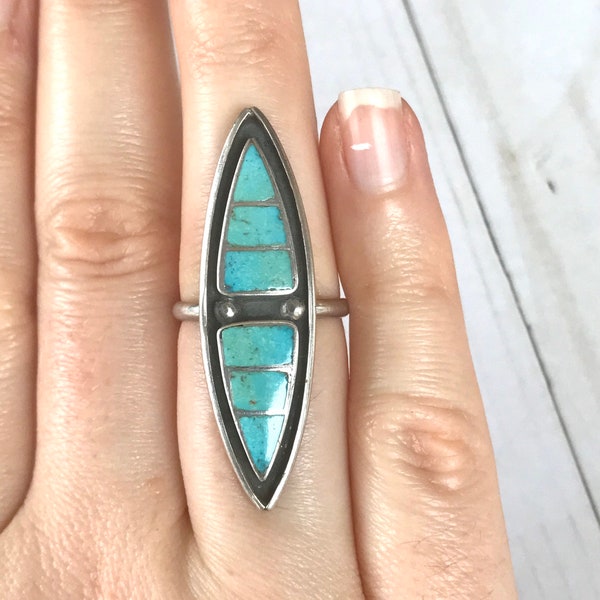 Native American Sterling Silver Large Turquoise Inlay Marquise Statement Ring, Size 9, Vintage Southwestern