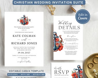 Christian Wedding Invitation Template Canva, Wedding Invite Set, RSVP Card Template, Wedding Details Card, Printable Editable Invitation