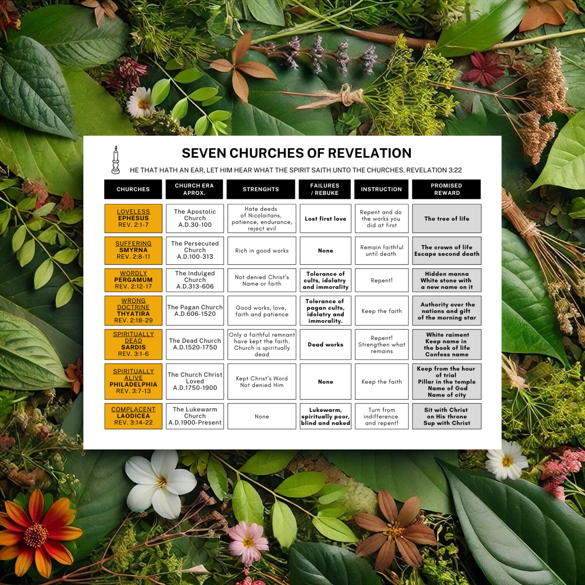 The Seven Churches of Revelation Comparison Chart Printable Digital