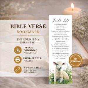 Puede incluir: Marcapáginas de versículo bíblico con el Salmo 23, con una ilustración de acuarela de un cordero. El marcapáginas mide 5,08 cm x 15,24 cm e incluye el texto "El Señor es mi pastor". Descarga instantánea y archivo imprimible.