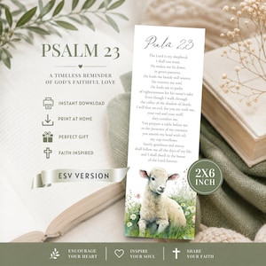 May include: A bookmark featuring Psalm 23, with the text of the verse and a watercolor illustration of a lamb in a field. The bookmark is 2x6 inches and includes the text "ESV Version". The design is faith-inspired and suitable as a gift.