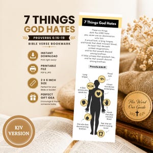 Può includere: Un segnalibro con versetto biblico con il testo "7 Things God Hates" e "Proverbi 6:16-19". Il segnalibro misura 5 x 15 cm e include un elenco delle cose che Dio odia. Il design presenta illustrazioni e testo.