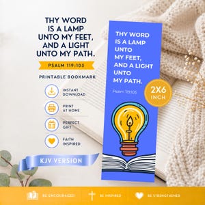 May include: A blue bookmark with the text "Thy Word Is A Lamp Unto My Feet, And A Light Unto My Path." It features a lightbulb design and measures approximately 5 x 15 cm. The bookmark is a printable download.