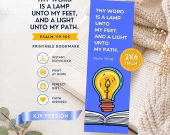 Psalm 119 105 KJV Bible Bookmark Printable | Thy Word Is a Lamp Unto My Feet | Christian Bookmark | Scripture Instant Download | Faith Gift