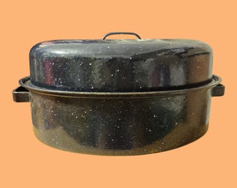 Vintage kobaltblauwe en wit gespikkelde braadpan met deksel feestdagen/boerderij/primitief