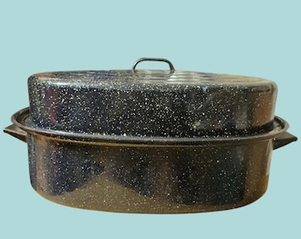 Large Vintage Cobalt Blue and White Speckled Roasting Pan with Lid Holidays/Farmhouse/Primitive