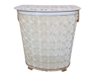 Vintage MCM Beige Wicker & Vinyl Laundry Hamper w/Clear Lucite Handles
