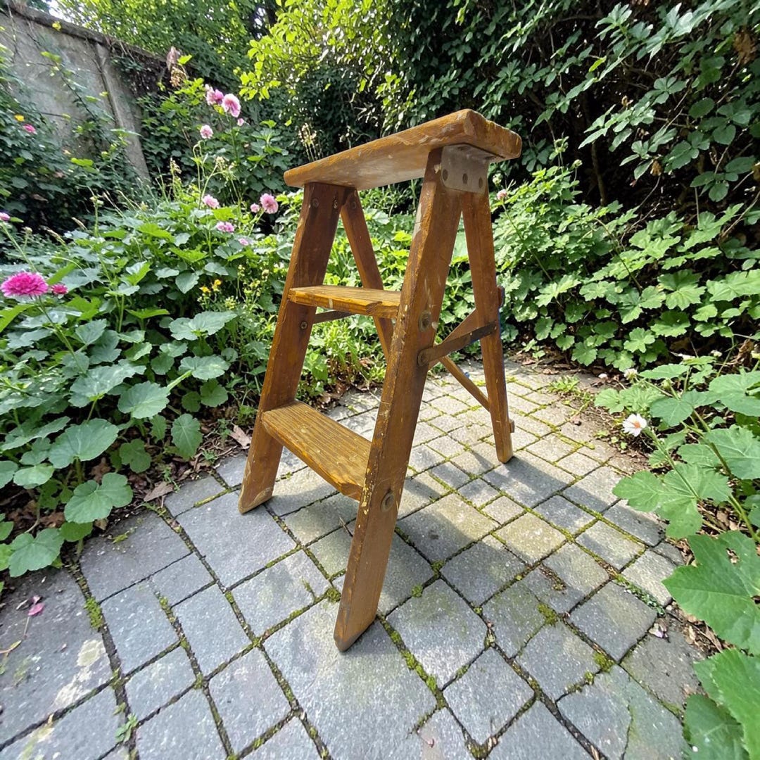 23" Tall Folding Wood Step Stool, Primitive Ladder Plant Stand Photo ...