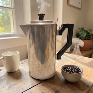 以下が含まれることがあります： 黒いハンドルと蓋が付いた、湯気の立つ銀色のコーヒーパーコレーターが木製のテーブルに置かれています。小さな白いマグカップとコーヒー豆の入ったボウルもテーブルにあります。パーコレーターから湯気が立ち上っています。