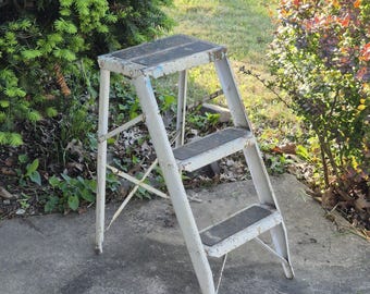 24" Tall Folding Metal Step Stool, Primitive Ladder Plant Stand Photo Prop Rustic