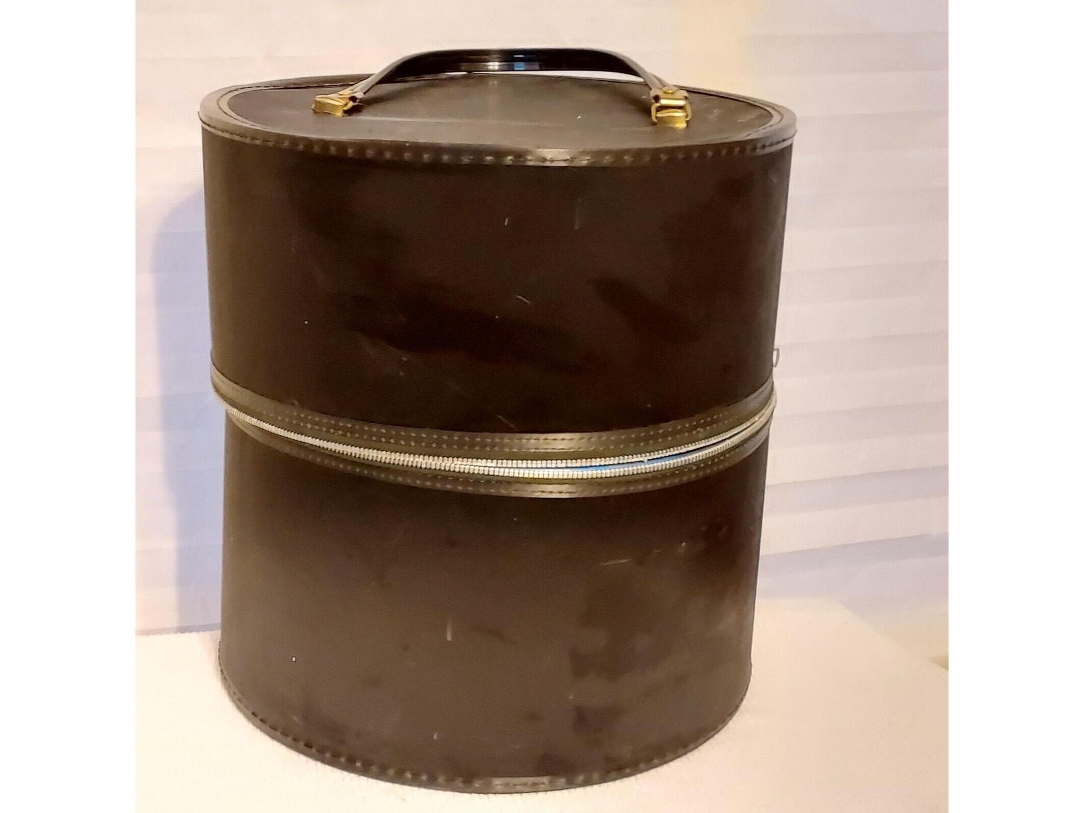 Vintage Black Vinyl Hat Box Train Case MCM 60s Luggage Travel