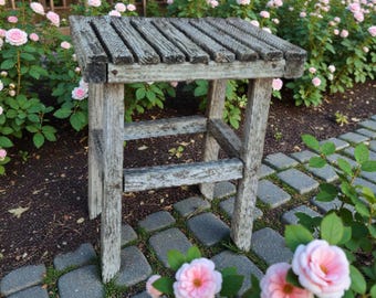 Rustic Weathered Wooden Slats Outdoor Side Table / Vintage Garden Plant Stand