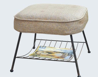 Retro 1950s Mid-Century Footstool W/Magazine Rack | Brown Tan Vinyl Top | Metal Base