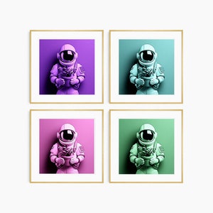 May include: Four square images of an astronaut holding a potted plant. Each image features a different background color: purple, teal, pink, and green.