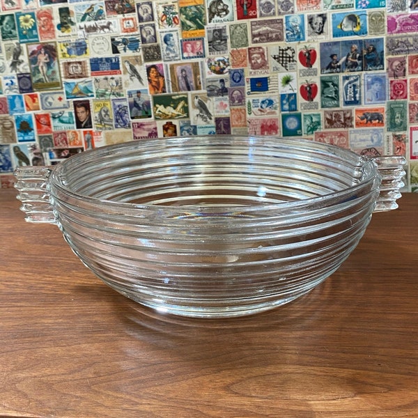 Vintage Anchor Hocking Art Deco Manhattan Clear Ribbed Glass 9in diameter Serving Bowl with tab handles